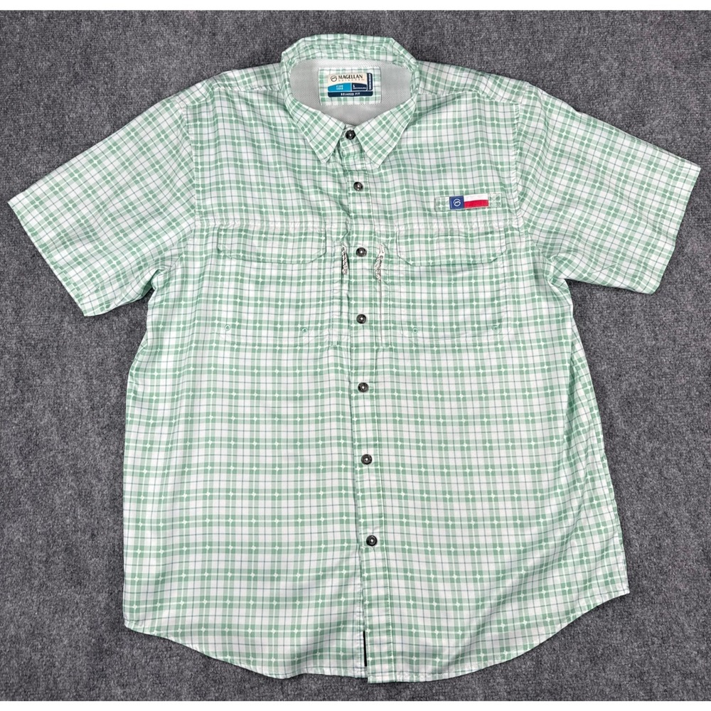 Magellan Outdoors Fish Gear Mens Large Green Plaid Texas Local State Shirt